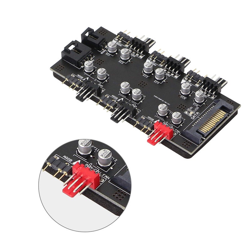 XMSJSIY 12V 4Pin PWM & 5V 3Pin ARGB with SATA 15Pin Power 2-in-1 Hub 6 Way Sync CPU Cooling Fan Addressable RGB Lighting PCB Splitter for Extended Motherboard Interface -Black Compatible With Desktop - Image 4